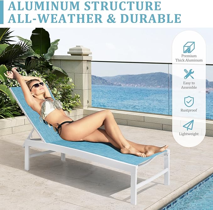 Patio Aluminum Chaise Lounge Chair, Outdoor Recliner Lounge Chair Sun Loungers, All Weather Chaise with 5 Adjustable Backrest and Lay Flat Positions for Garden, Balcony, Pool