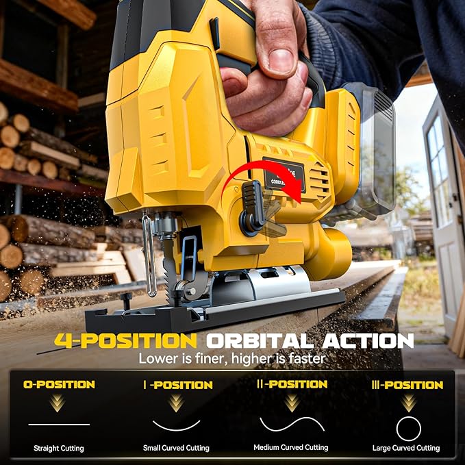 Ecarke Cordless Jig Saw Compatible With Dewalt 20V Max, Brushless, 7 Speeds Dial Control, 4 Orbital Sets, Dust-Blowing, ±45° Bevel Cuts, LED Light and 6PCS Blades For Cutting (Exclude Battery)