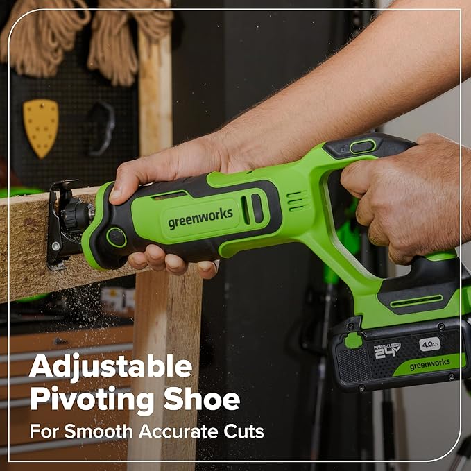 GREENWORKS 24V (8-TOOL) Combo (Drill, Impact Driver, Circular Saw, Reciprocating Saw, Jigsaw, Multi-Tool, Sander, Flashlight), 4.0Ah + (2) 2.0Ah (Power Bank) Batteries, (2) Cables, 65W Rapid Charger