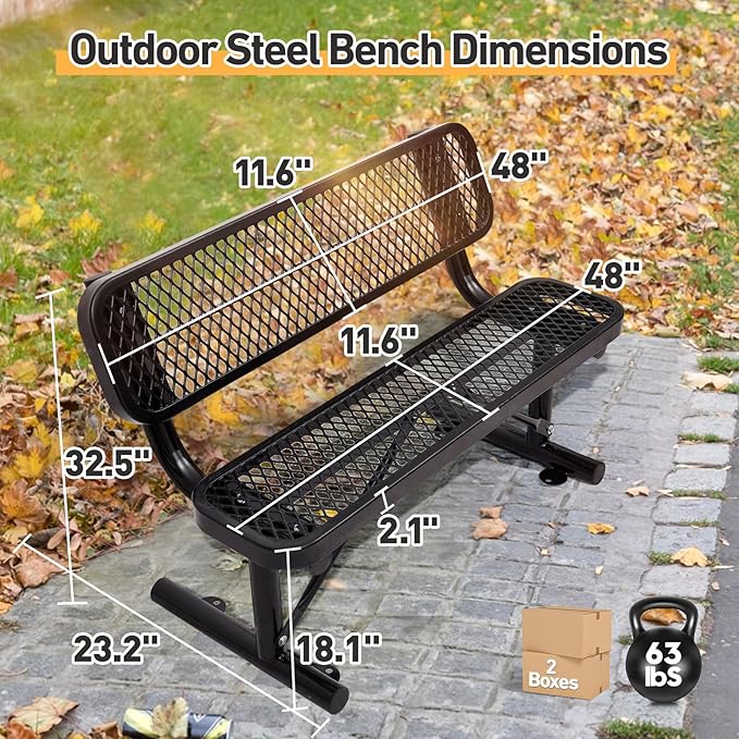 4Ft Outdoor Bench with Back Portable Frame, Outdoor Steel Park Bench with Backrest, Expanded Metal Mesh Bench for Outside, Lawn, Backyard, Park, Deck, Garden, Patio, Porch, Black