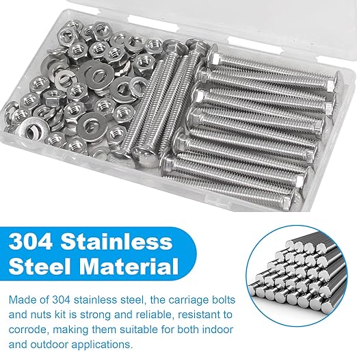 Yinpecly 16 Sets 1/4-20 x 2-1/2" Carriage Bolts Screws, 304 Stainless Steel Round Head Square Neck Carriage Bolts and Nuts Kit, with Flat & Lock Washers, Full Thread Coverage