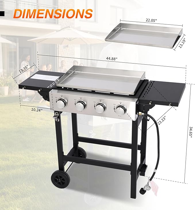 Portable 4-Burner Flat Top Grill with Folding Tabletop Design & Integrated Cart - 38,200 BTU Propane Griddle for Outdoor Cooking, Camping, Tailgating