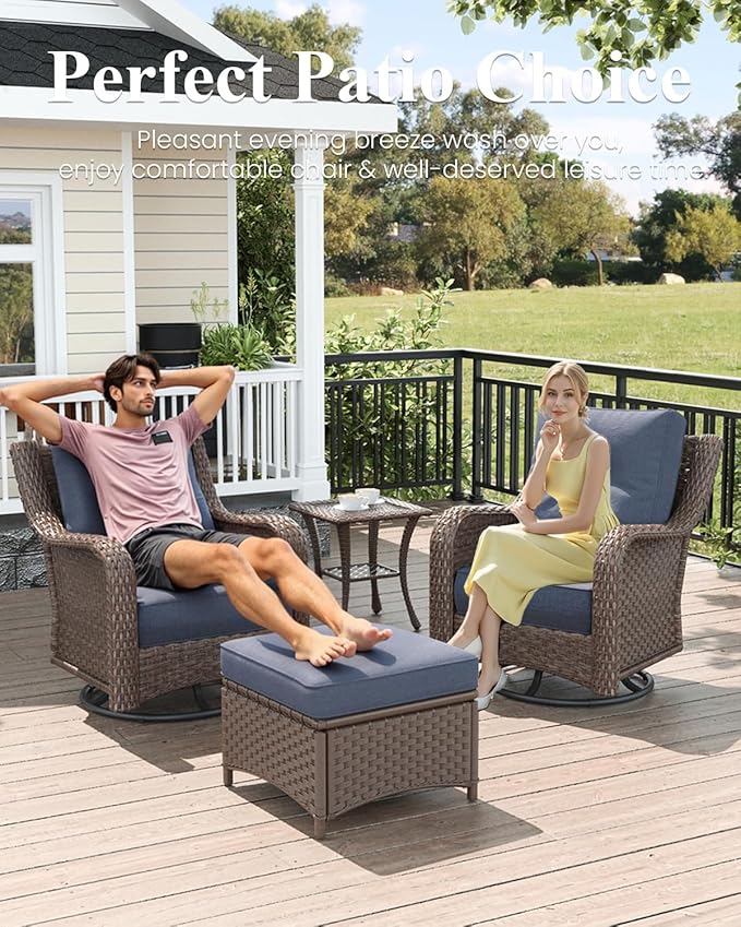 LayinSun 3 Piece Wicker Outdoor Furniture Set with 6-inch Comfy Cushions, High Back Patio Furniture Set with Swivel Rocking Chairs and Side Table