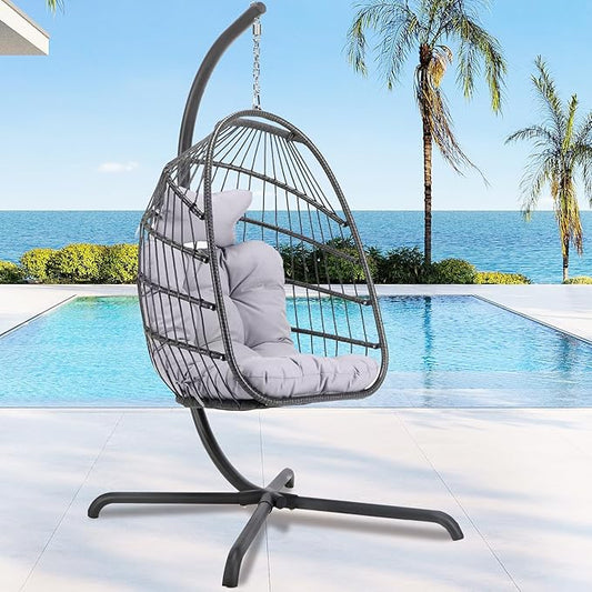 RADIATA Outdoor Self-Standing Egg Chair with Stand, 350Lbs Wicker Rattan Hanging Hammock Chair with Comfy Cushion, Single Eggshell Basket Swing Seat for Garden Balcony Bedroom Patio, Light Grey
