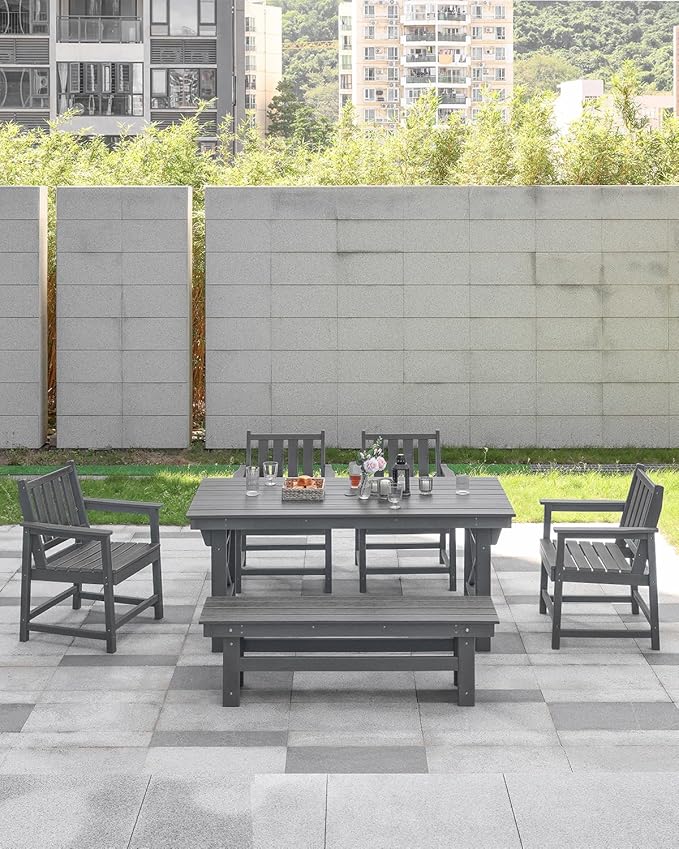 HDPE Outdoor Dining Set of 6, Patio Dining Table Set with 4 Chairs and 1 Bench, 6 Pieces HDPE Dining Set with Umbrella Hole, Outdoor Furniture Sets for Deck, Poolside, Garden, Smoke Gray