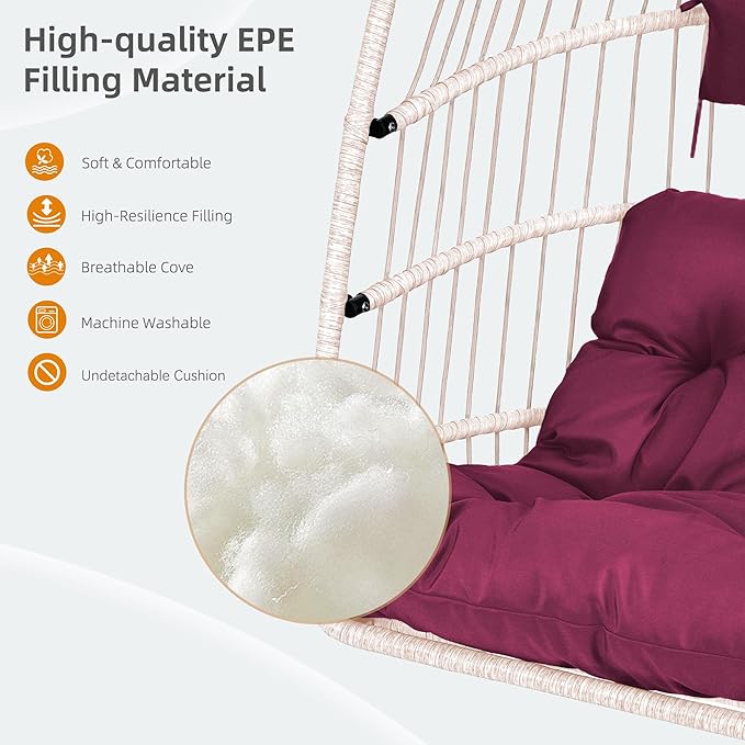 Outdoor Egg Hanging Chair with Stand Patio Wicker Swing Chair for Indoor Outdoor Use Rose Red Color Foldable Design 350lb Capacity
