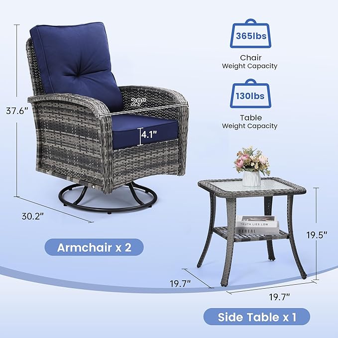Luxury Outdoor Swivel Wicker Glider Patio Chairs with Table Set, Overstuffed Washable Cushions, Ideal for Porch, Balcony, Deck, Grey Rattan and Blue Cushion