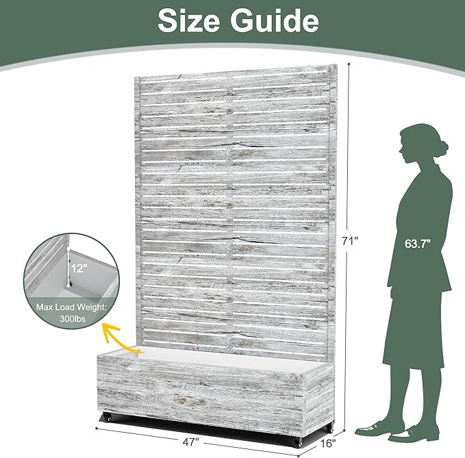 Metal Planter Boxs with Trellis & Wheels for Outdoor Plants, Vines, Large Raised Garden Beds with Drainage Holes for Patio (47" L, Gray Oak Grain)