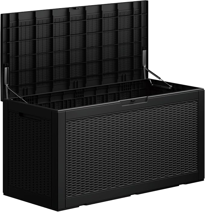 Mersco 100 Gallon Double-Wall Resin Deck Box - Lockable Waterproof Outdoor Storage Box, 1000lbs Capacity & Doubles as Seating for Patio Furniture - Garden Tools, Pool Accessories (Black)
