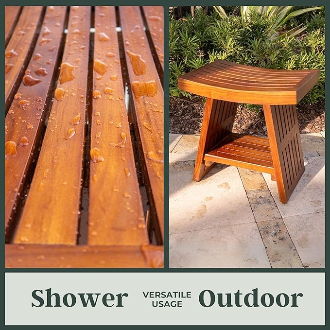 Teak Shower Bench 18 Inch – Fully Assembled Waterproof Seat with Curved Design – Durable Wooden Stool for Bathroom, Spa, or Outdoor Use