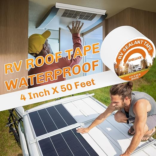 WELLUCK RV Roof Tape Sealant Roofing Tape, 4 Inch X 50 Foot Natural White RV Tape for Roof Repair Camper Trailer Boat Sealing Leak Repair, UV & Waterproof
