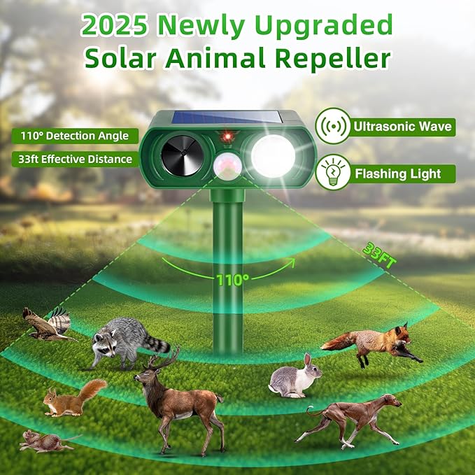 4 Pack Solar Animal Repellent Ultrasonic Cat Deterrent Outdoor, Motion Activated Deer Repellent Raccoon Squirrel Fortress Pro Keep Cats Out of Yard, Waterproof Dog Skunk Raccoon Rabbit Repellent