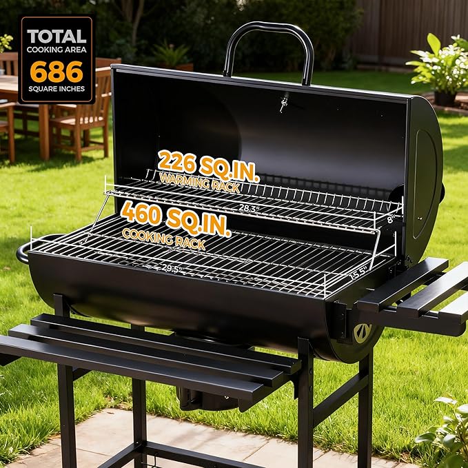 MASTER COOK Barrel Charcoal Grill with Foldable Front Shelf, Outdoor bbq Grill with 686 Sq.in. Cooking Area, Thermometer and Adjustable Air Vents for Patio, Parties,Backyard, Tailgating, Black