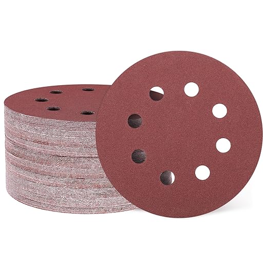 HARFINGTON 150 Pcs 5 Inch Sanding Discs, 180 Grit Hook and Loop Sandpaper, 8-Hole Aluminum Oxide Round Sanding Paper for Woodworking Automotive Metal Polishing, Red