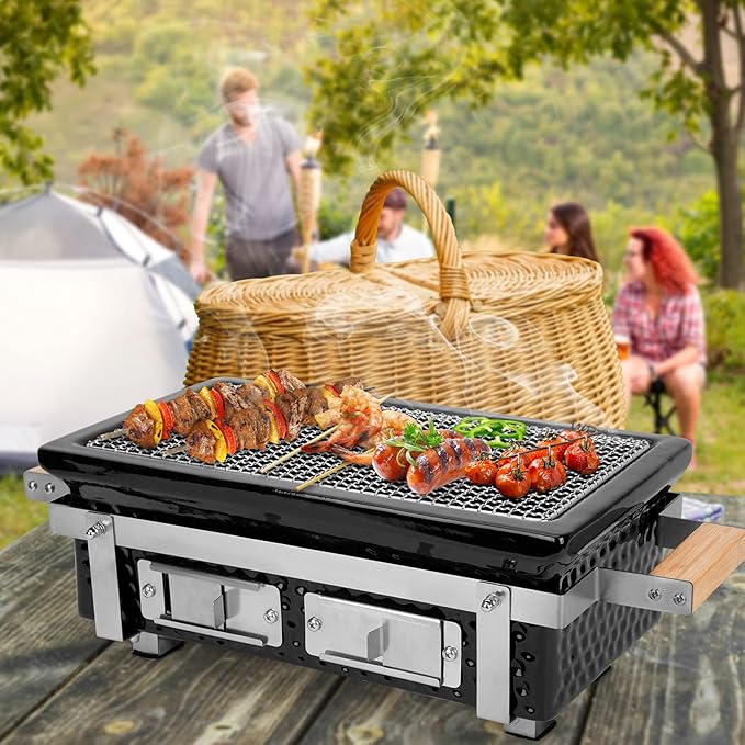 Charcoal BBQ Hibachi Grill with Grid Lifter, Portable Yakitori Grill with Stainless Steel Grate, Barbecue Stove for Outdoor Camping Picnic Patio Backyard Cooking, GS306