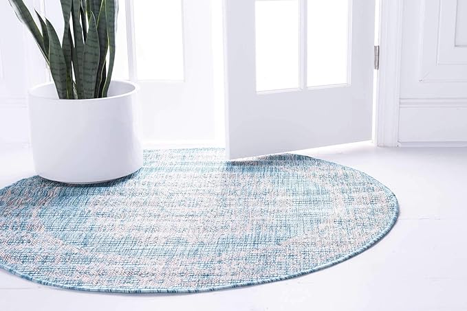 Unique Loom Outdoor Traditional Collection Area Rug - Timeworn (4' 1" Round, Light Aqua/ Gray)