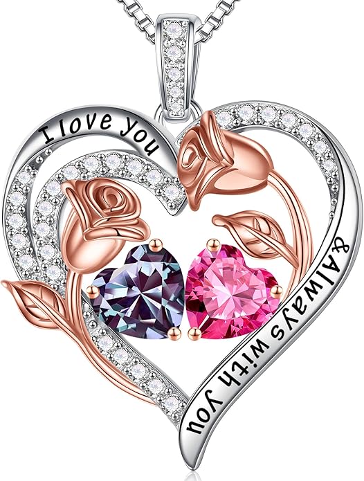 Iefil Christmas Gifts for Women Wife - 925 Sterling Silver Rose Heart Birthstone Necklace Birthday Anniversary Jewelry Gifts for Her Wife Mom Daughter