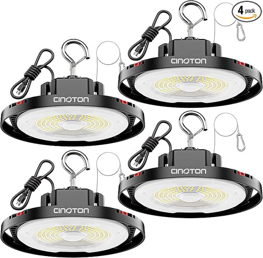 CINOTON 100W UFO LED High Bay Light, Aluminum LED Shop Lights with 15000LM, 5000K Commercial Bay Lighting for Warehouse Garage Workshop Factory Hall, 6' Cable & Safety Rope, ETL Listed 4 Pack