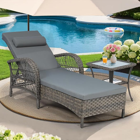 MEETWARM Outdoor Wicker Chaise Lounge Chair with Side Table, All Weather PE Rattan Patio Lounge Chair with Cushion, 6-Positions Adjustable Pool Reclining Sunbathing Chair, Armrest & Head Pillow, Gray