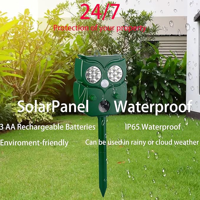 Solar Ultrasonic Animal Repellent Outdoor, 1Pack Repel Cats Dogs Squirrel Deer Fox Raccoon Rabbit Mole Coyote Deterrent, Waterproof with Motion Detector &LED Flash Lights for Yard Farm Garden