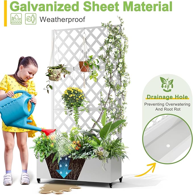 FENCY Metal Planter Box with Diamond Lattice Trellis Planter Box for Climbing Plants/Vines, Galvanized Raised Garden Bed On Wheels, Garden Bed with Trellis(73"x35" White)