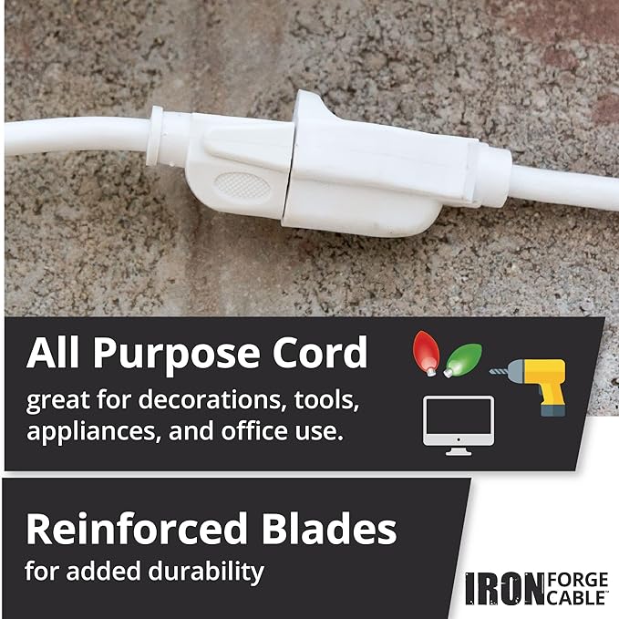 Iron Forge Cable 15 Amp Heavy Duty Extension Cord 50 ft, SJTW 14 Gauge Extension Cord 3 Prong Outdoor & Indoor, Weatherproof White Power Cable 14 AWG, Great for Major Appliances - US Veteran Owned