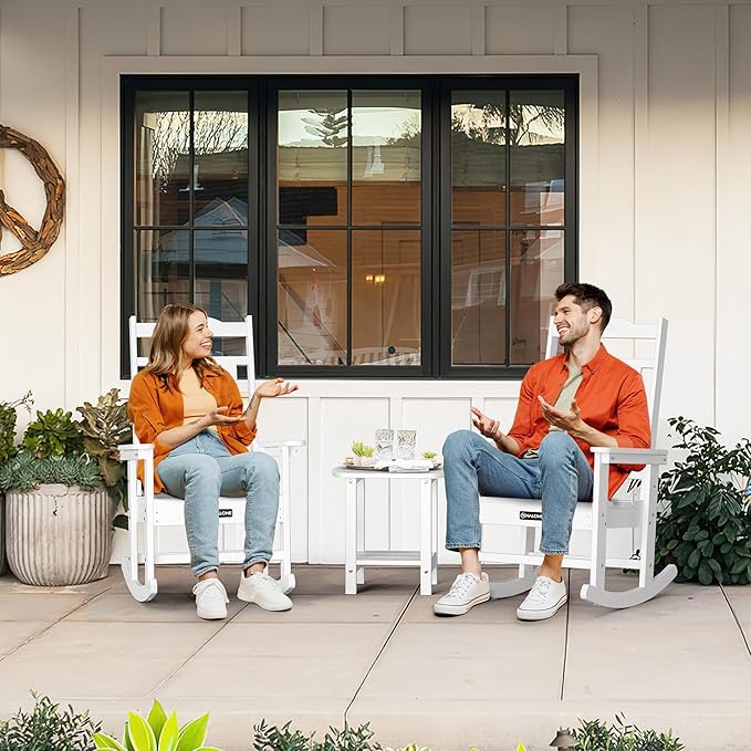nalone Outdoor Rocking Chairs Set of 2, Oversized Porch Rocker Chair for Adult, All-Weather Resistant Patio Rocking Chair for Garden Lawn(White)