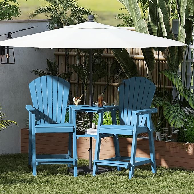 FOOWIN Tall Adirondack Chair Set of 4, All Weather HDPE Bar Height Adirondack Chair with Double Connecting Trays, Adirondack Barstools for Balcony, Deck, Backyard, Patio, Garden Pacific Blue