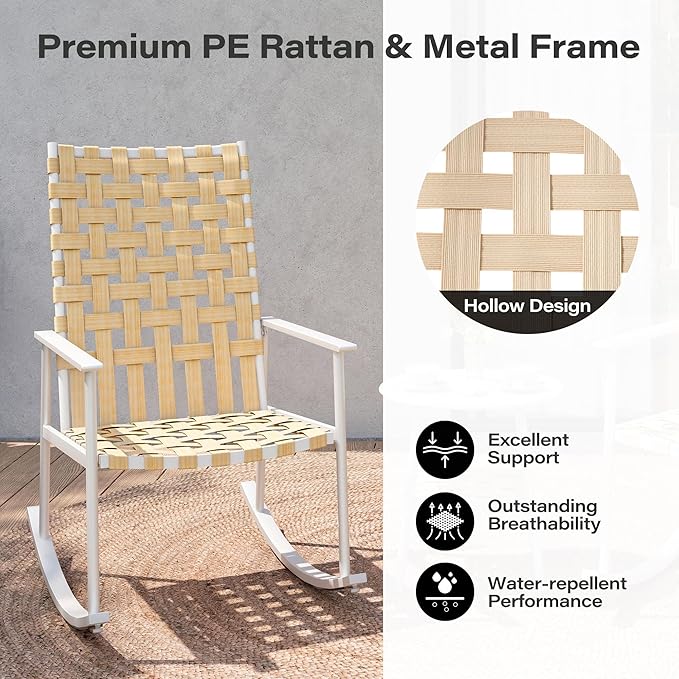 3-Piece Outdoor Patio Furniture Set, Rocking Bistro Conversation Set with 2-Tier Side Coffee Table, Front Porch Furniture for Lawn, Garden, Balcony, Poolside (Beige)
