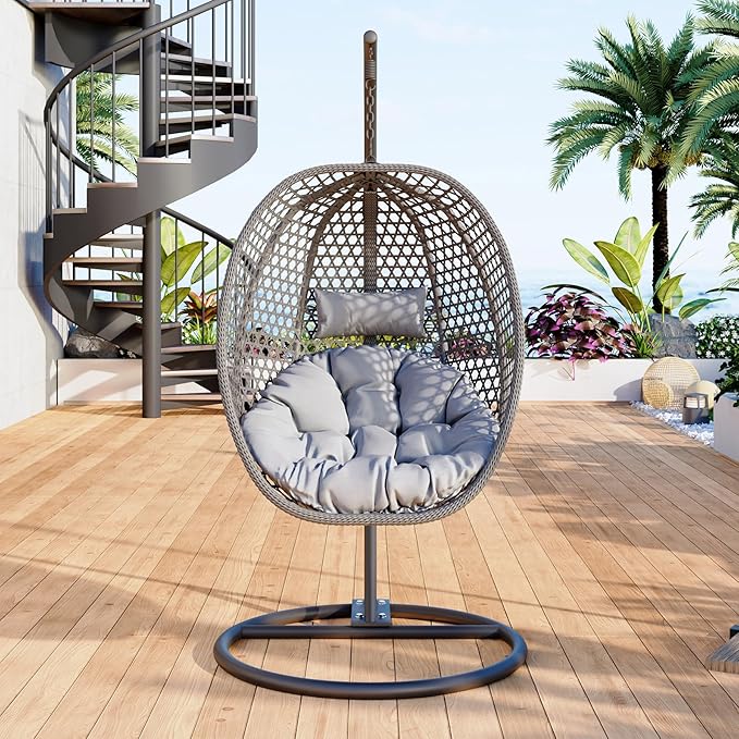 Egg Swing Chair Outdoor with Stand, Swinging Chair Outdoor,Hanging Egg Chairs with Cushion and Pillow, Foldable Basket and Metal Stand for Porch, Patio, Bedroom, Balcony (Grey)