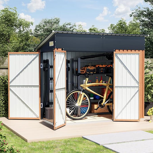 8x4 Ft Outdoor Metal Shed, Storage Shed with Triple Lockable Doors, Front & Side Door for Easy Access, Large Garden Tool Shed for Backyard, Patio, Lawn & Utility Storage