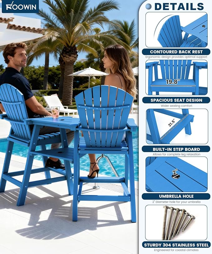 FOOWIN Tall Adirondack Chair Set of 4, All Weather HDPE Bar Height Adirondack Chair with Double Connecting Trays, Adirondack Barstools for Balcony, Deck, Backyard, Patio, Garden Pacific Blue