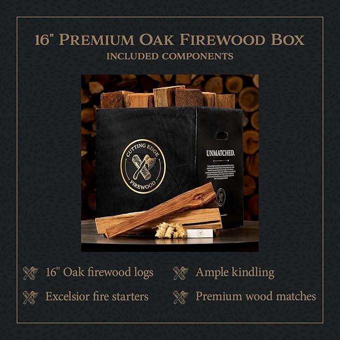 Cutting Edge Firewood - Premium Ultra Kiln-Dried Oak Logs, 16" Luxury Box, 49 lb - Long-Lasting Firewood for Indoor & Outdoor Fires, Complete Starter Kit, Refined Aroma, Clean & Consistent Burn