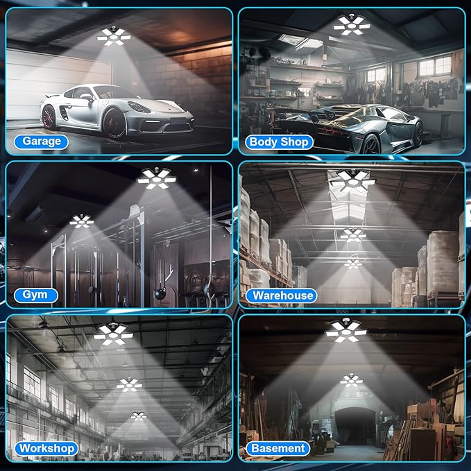 6 Pack Garage Light, 200W 20000LM 6500K LED Shop Lights, LED Garage Ceiling Lights with 6+1 Adjustable Panels for Basement, Barn, Warehouse, Attic Lighting Support E26/E27 Socket