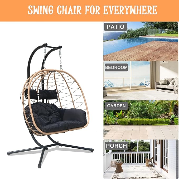 Double Hammock Egg Chair 2 Person Egg Chair Outdoor Swing with Stand Patio Wicker Hanging Chair Widened and Enlarged Hanging Chair Swing Chair for Patio Bedroom Porch
