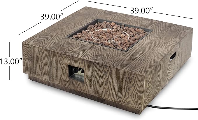 Propane Fire Pit Table, 39" Iron Firepits for Outside, Square Gas Fire Pit for Outside Patio, Propane Fire Table for Deck, Pool, 50,000BTU, Tank Outside, Tank Not Included, Wood