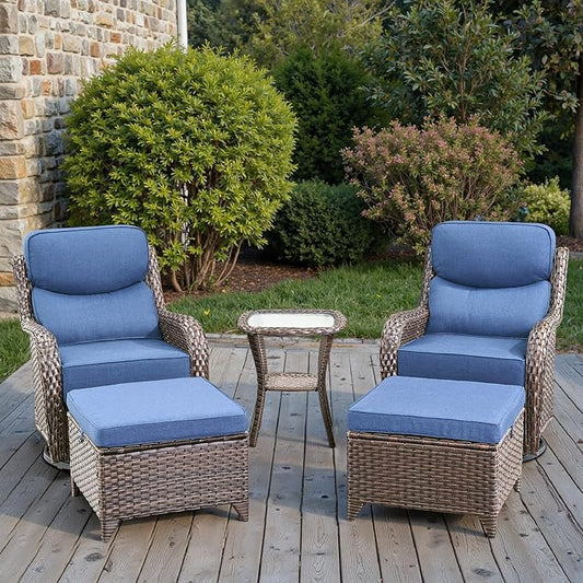 Swivel Patio Chairs sofa Set of 5 with 6" Thick Cushion - Wicker Outdoor Swivel Rocker Patio Chair with Side Table, High Back Comfortable Outdoor Glider Chairs - Brown Wicker | Blue Cushions