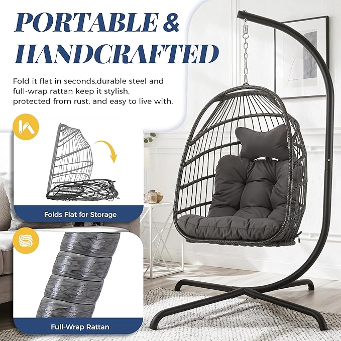 BLUEXYARD Boho Rattan Egg Chair with Stand, 350 Lbs Foldable Wicker Hanging Patio Hammock with Cozy Cushion, Compact Swing Basket Chairs for Balcony Porch Garden Bedroom Outdoor Indoor, Dark Grey