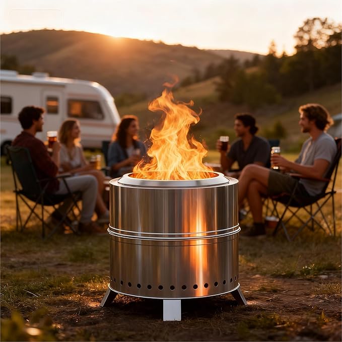 Breezz Smokeless Fire Pit 19.3 Inch Stainless Steel Outdoor Wood Burning Firepit with Carry Bag, Portable Bonfire Stove for Backyard, Patio, Camping, and Picnic, Efficient Airflow & Low Smoke Design