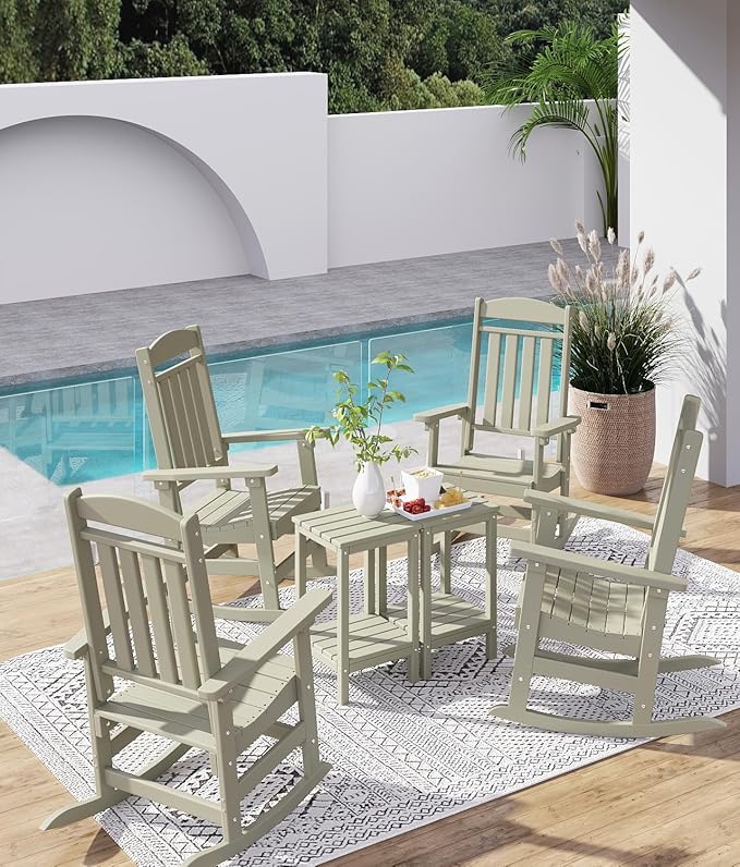 FOOWIN Outdoor Rocking Chair Set of 8, High Back Patio Rocking Chair, HDPE All Weather Resistant Porch Rocker for Adult, Oversized Rocking Chairs for Garden, Lawn, Indoor & Outdoor Use, Sand