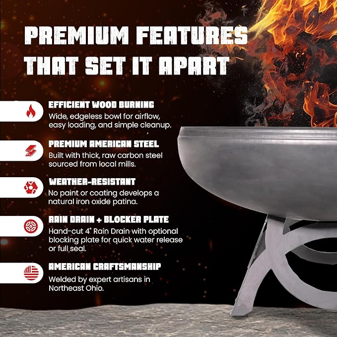 Liberty Fire Pit – Ohio Flame Wood Burning Outdoor Fire Pit - 48" Diameter with Curved Base (Made in USA)