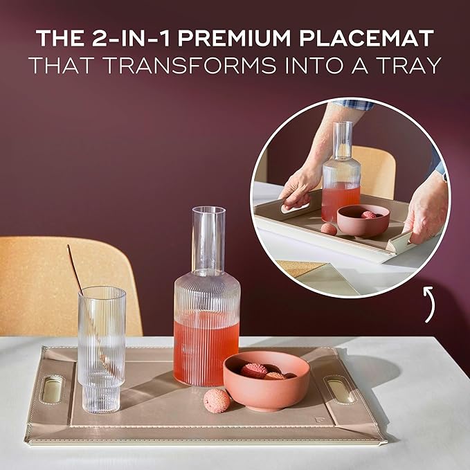 PLACEsMAT 2-in-1 Faux Leather Placemat & Serving Tray | Reversible Design, Lays Flat & Easy to Clean | Ottoman Food Tray, Perfect Housewarming Gift, 18” x 14” (Burgundy & Gunmetal, Set of 4)