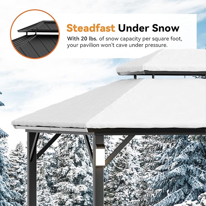 Modern Shade The Horizon Hardtop Gazebo 10' x 14' with 4 LED Lights, Permanent Outdoor Gazebo with Galvanized Steel Double Roof, Grill Pavilion with Decor Hooks, Mosquito Nettings, Black