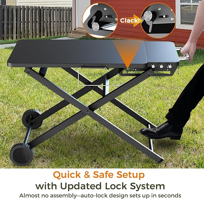 Upgraded Gril Table Stand for Blackstone 17” & 22” Griddle, Ninja Woodfire Outdoor Grills, Ooni Pizza Oven, 34"x20" Foldable Grill Cart with Wheels and Handle for Camping & Backyard BBQ