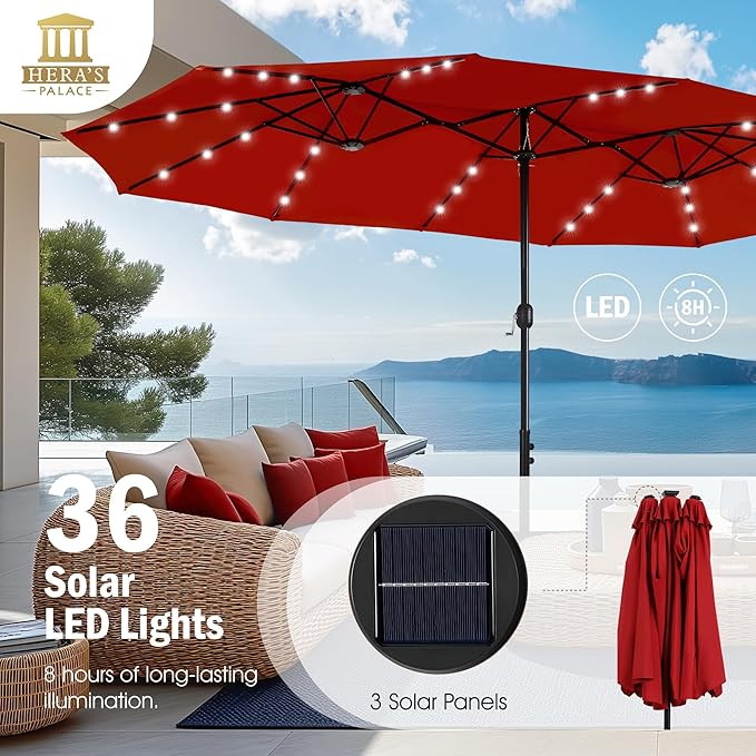 HERA'S PALACE 15ft Patio Umbrella with Base Included Double Sided Outdoor Umbrella for Patio Table Umbrella Outdoor 36 LED Solar Lights for Garden