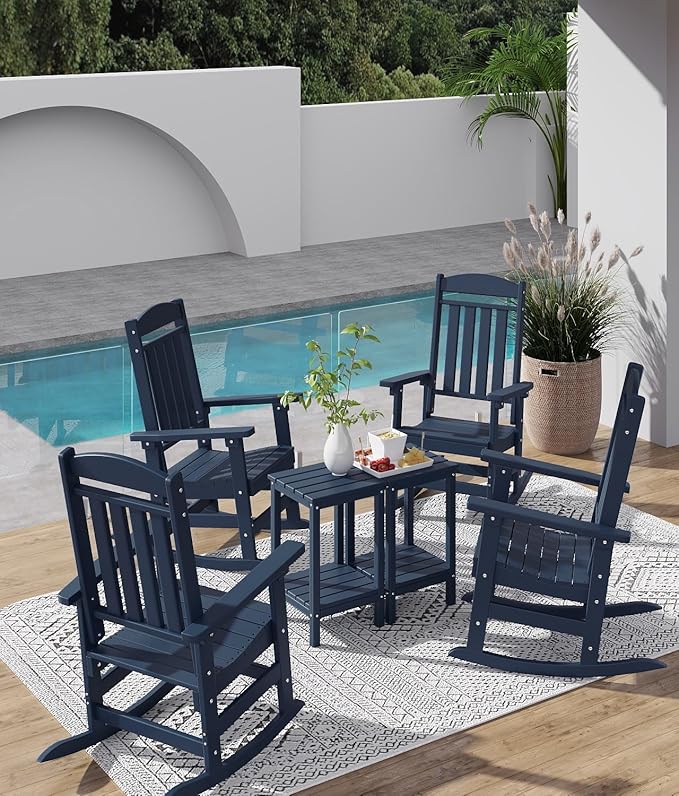FOOWIN Outdoor Rocking Chair Set of 6, High Back Patio Rocking Chair, HDPE All Weather Resistant Porch Rocker for Adult, Oversized Rocking Chairs for Garden, Lawn, Indoor & Outdoor Use, Navy Blue