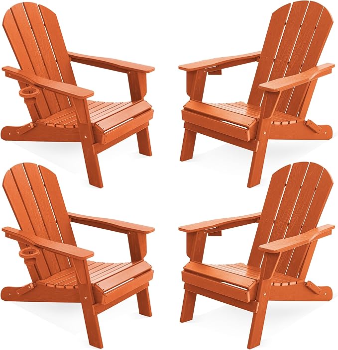 LOUNZY Folding Adirondack Chair Set of 4, HDPE All-Weather Folding Adirondack Chair with Cup Holders, Outdoor Patio Adirondack Chair for Deck Lawn Fire Pit, Orange