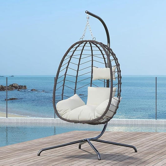Hanging Egg Chair with Stand, Swinging Egg Chair Outdoor Indoor, Hanging Basket Chair with Cushion, Patio Wicker Hammock Chair 350lbs Capacity for Bedroom, Porch, Balcony, Backyard, Garden (Beige)