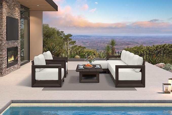 PURPLE LEAF Patio Furniture Set Open-End Outdoor Couch with 9.6" Thick Cushion and Soft Pillows 8 Piece Outdoor Sectional Sofas with Table Modern Patio Conversation Sets for Yard Porch Deck, Bronze