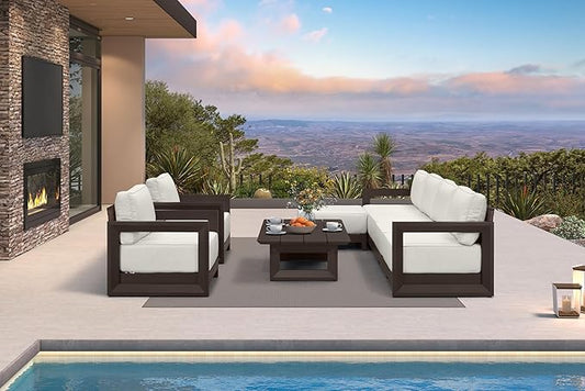PURPLE LEAF Patio Furniture Set Open-End Outdoor Couch with 9.6" Thick Cushion and Soft Pillows 8 Piece Outdoor Sectional Sofas with Table Modern Patio Conversation Sets for Yard Porch Deck, Bronze